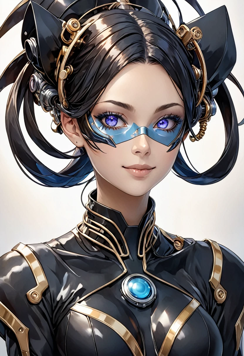Personnage Hybride Humain - Cyborg : Un personnage hybride avec des caractéristiques humaines et cyborgs comme les membres de son corps et humaines comme son visage inspiré par l'élégance d'une déesse, divinité, les images précédentes aux cheveux violets. Ils ont des yeux parfaitement dessinés, des cheveux avec des rayonnements légers dorés, et un sourire expressif, détaillée avec des lignes parfaites; Le fond est sombre, mettant en valeur les détails du personnage. Chef d'oeuvre; haute qualité, 4K, fille éblouissante, habillée très vintage en noir, blanc, gris et doré; aux yeux parfaits et égaux, des cheveux avec des rayonnements légers dorés et bleus; le thème des motifs tourbillonnants en noir et blanc émanant de ses cheveux et ses épaules reste!, conserver l'esthétique à contraste élevé avec un fond sombre, continuité en le design. Le background est toujours noir ou sombre mettre en valeur le personnage qui regarde le spectateur, au regarde doux et tendre.