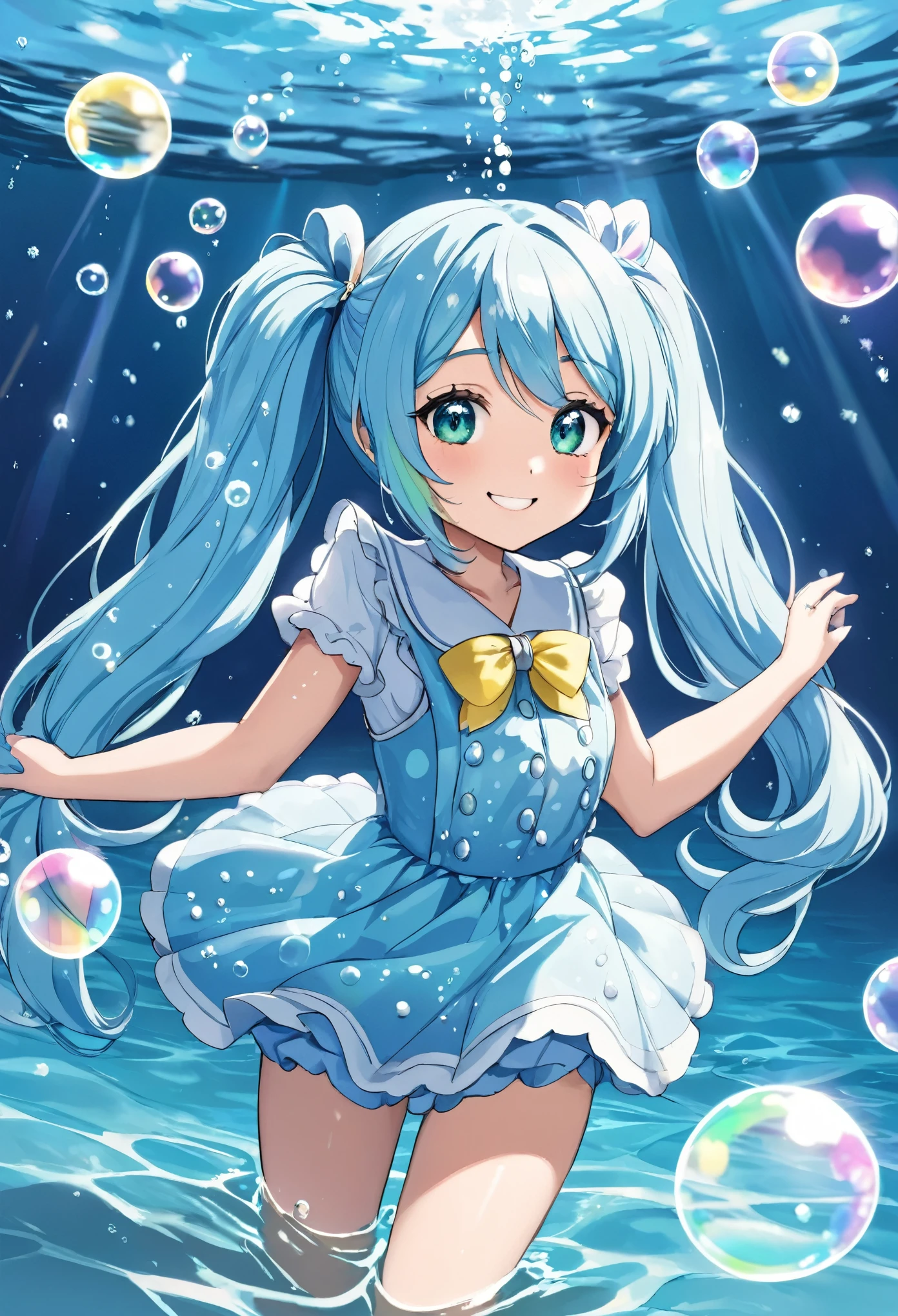 A girl in water with lots of bubbles　Lots of big bubbles　Rainbow bubbles　Light blue long hair　Beautiful girl with twin tails　In crystal clear water　Smiling Girl