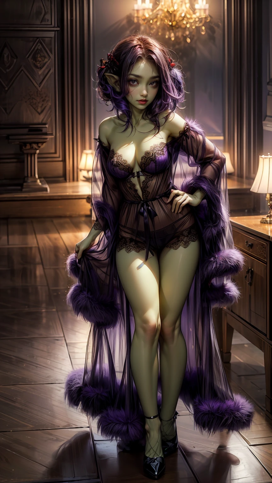 absurdrez, ((best quality)), ((masterpiece)), (detailed), dark gothic horror style, Halloween style, very small goblin girl, ((green skin)), (small pointy ears), ((short purple hair with black streaks pixie hairstyle:1.2)), ((bright red eyes)), wearing ornate long open boudoir robe, full body, elegant, beautiful, dynamic pose, cinematic still, detailed eyes, in a gothic bedroom, wearing black and red jewelry, delicate, dark, dim lighting, backlit, rimlight, detailed breasts, ((undressing:1.8)), sheer black lace, ((visible breasts)), sexy, sexy smile, visible nipples, visible breasts, wants sex, in bedroom, bed in background, seductive, passionate, looking at viewer, ((partially covered breasts:1.3))