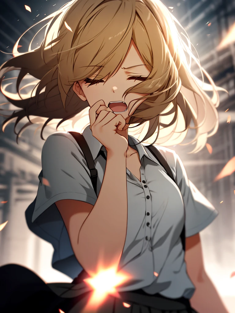 girl, Wearing a short-sleeved skirt, Upper Body, (anger: 1.1), (Please open your eyes: 1.2), Bright light, Background blur, Depth of written boundary, Blurred Background, Particles of light, Strong winds,