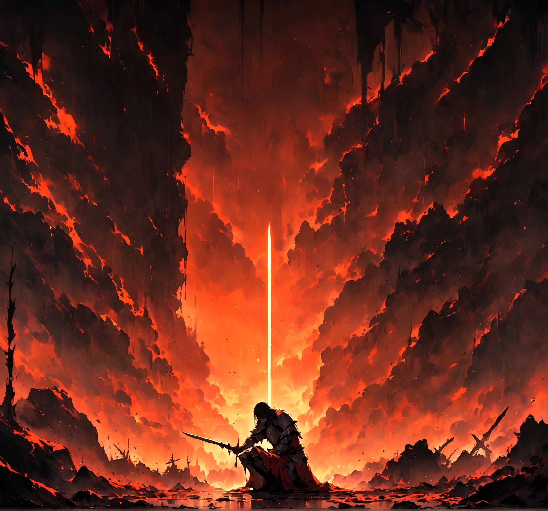 Long Shot, A tired old knight in bloodstained armor kneels on the battlefield. He was holding a notched sword propped up on the ground. The setting sun casts an orange glow on the scene. The ground beneath his feet was covered with the rubble of battle, The knight looks down, towards the sword he holds, The overall atmosphere of the picture is warm and sad.Extreme detail, Intricate details, masterpiece.