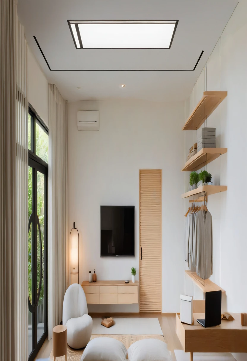 The ceiling is flat with recessed downlights arranged in a sparse, straight line pattern