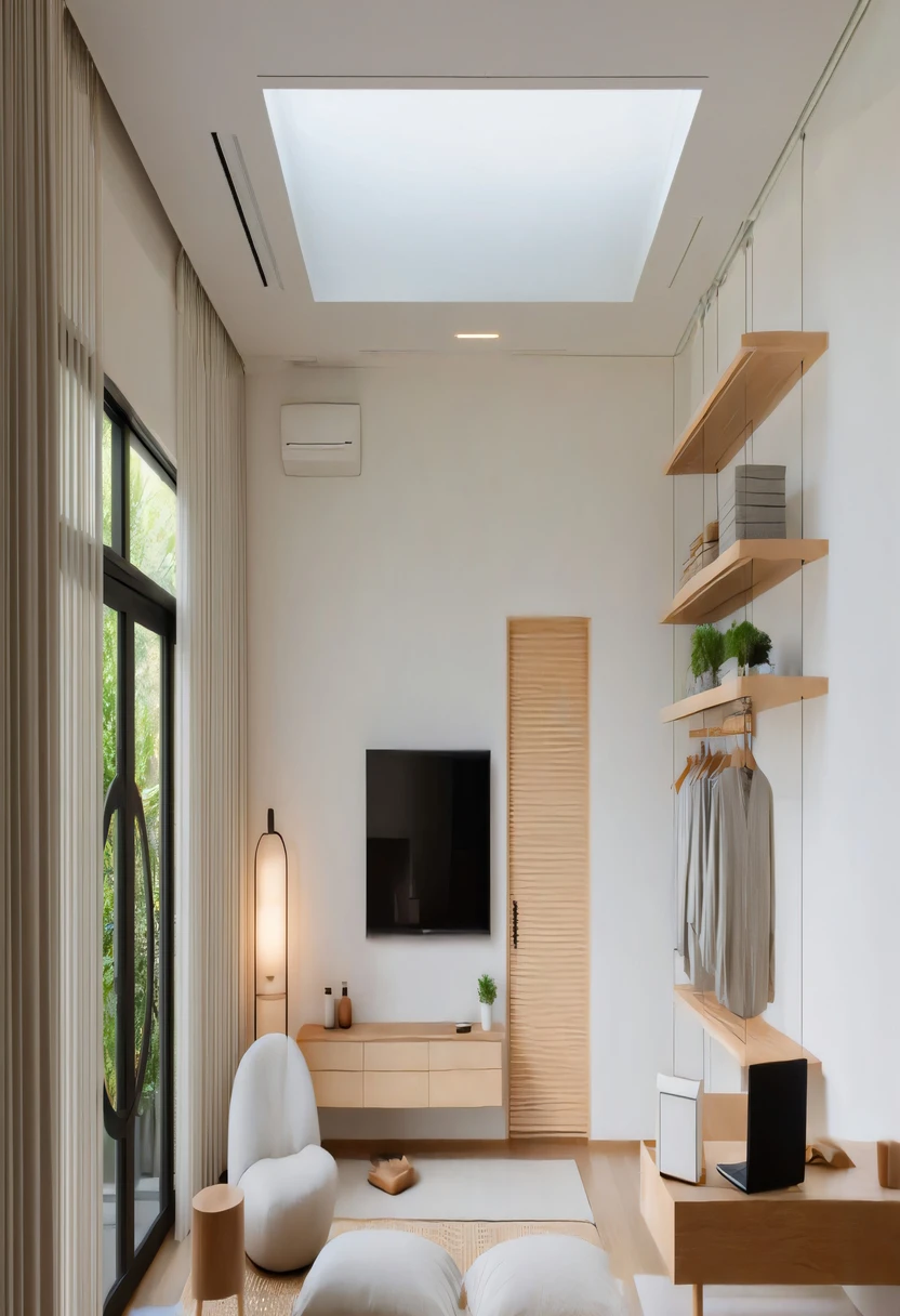 The ceiling is flat with recessed downlights arranged in a sparse, straight line pattern