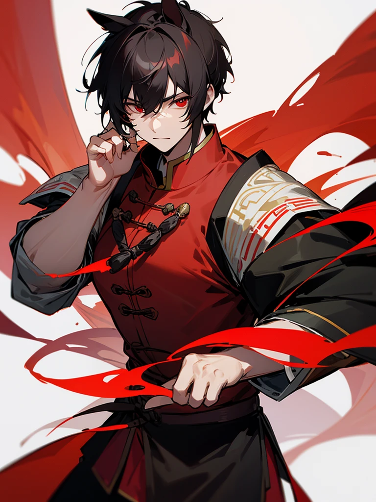 A dark-haired，Red eyes，black-clad，male people，Cold，swordsman，ancient wind，Brocade，flames of fire，