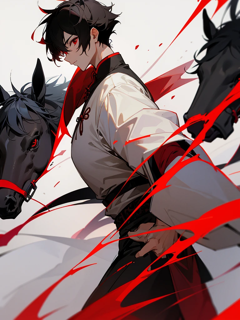 Chinese warrior red eyes horse black short hair male