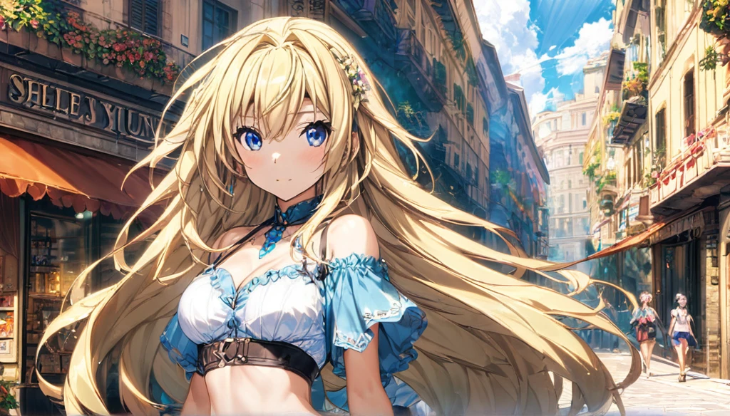 ((Anime Infinite Stratus Art, 8k, ultra full high definition, epic quality, epic texture)). The theme is mysterious. The setting is a street in Rome, it's summer, it's daytime, there are some shops, there are people passing by the scene. The focus is a girl, her name is Yukiko, , very short stature, very messy blonde hair(short:1.9) with bangs, ice blue eyes, wonderful face, she has white skin, shapely 13 years body, narrow chest, large and round breasts, thin waist, very narrow hips, big and perky butt, she's wearing denim shorts(short:1.9) and a very low-cut flowery shirt(short:1.9), she's naive and sensual, she's strolling through the scene, fullbody back view, butt e. The climate is calm and serene.