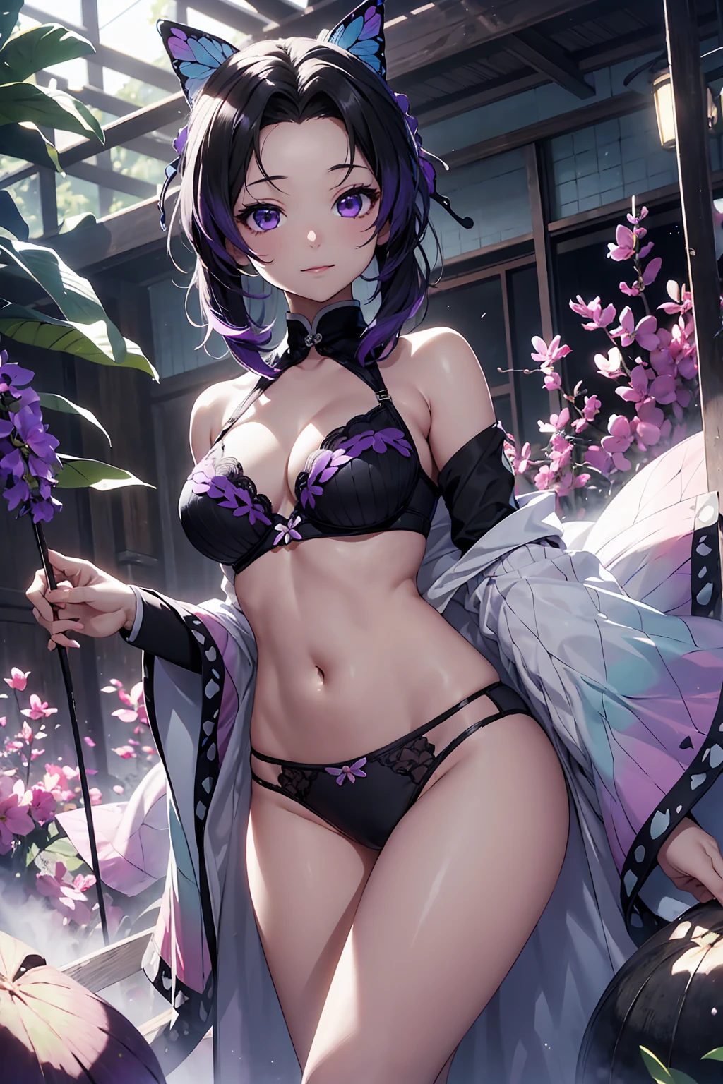 (Highest quality:1.5, High resolution, uhd, 4K, Detailed lighting, Shaders),Very fine particles,Section Chief Ren,Colorful Hair,No bangs,Hair Intake,Purple eyes,butterfly,band Cute black bra Cute black panties(Tropical Garden:1.2),Purple flowerostly cloudy empty,Light of the sun,Dindal effect,slope_empty,face,beautiful empty,,Seductive posture,(:1.3),(Chopping:1.3),(Off-the-shoulder outfit:1.6)