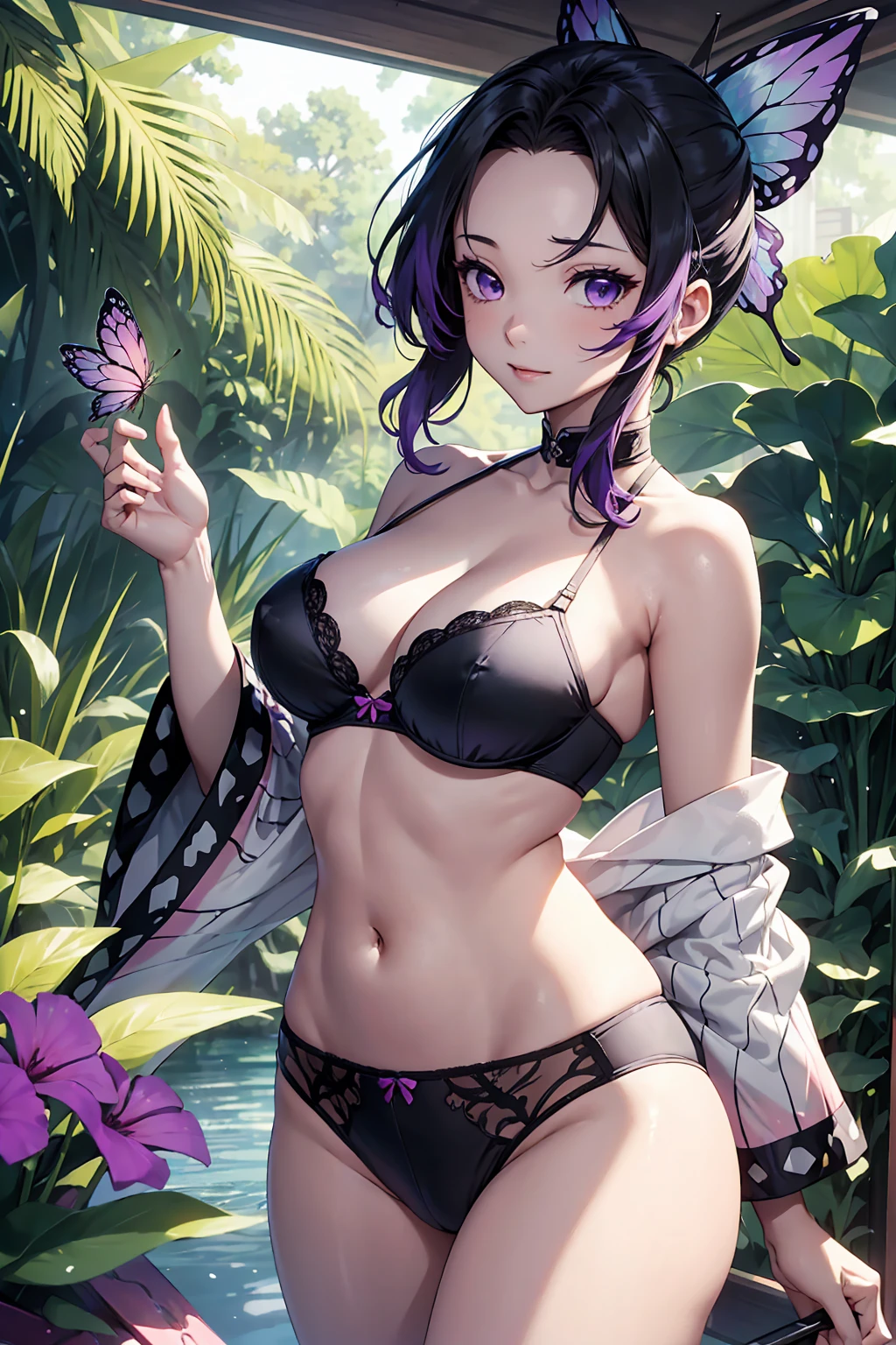 NSFW　(Highest quality:1.5, High resolution, uhd, 4K, Detailed lighting, Shaders),Very fine particles，Section Chief Ren，Colorful Hair，No bangs，Hair Intake，Purple eyes，butterfly，band　Cute black bra　Cute black panties（Tropical Garden：1.2），Purple flowerostly cloudy empty，Light of the sun，Dindal effect，slope_empty，face，beautiful empty，，Seductive posture，（:1.3)，（Chopping:1.3)，（Off-the-shoulder outfit:1.6)