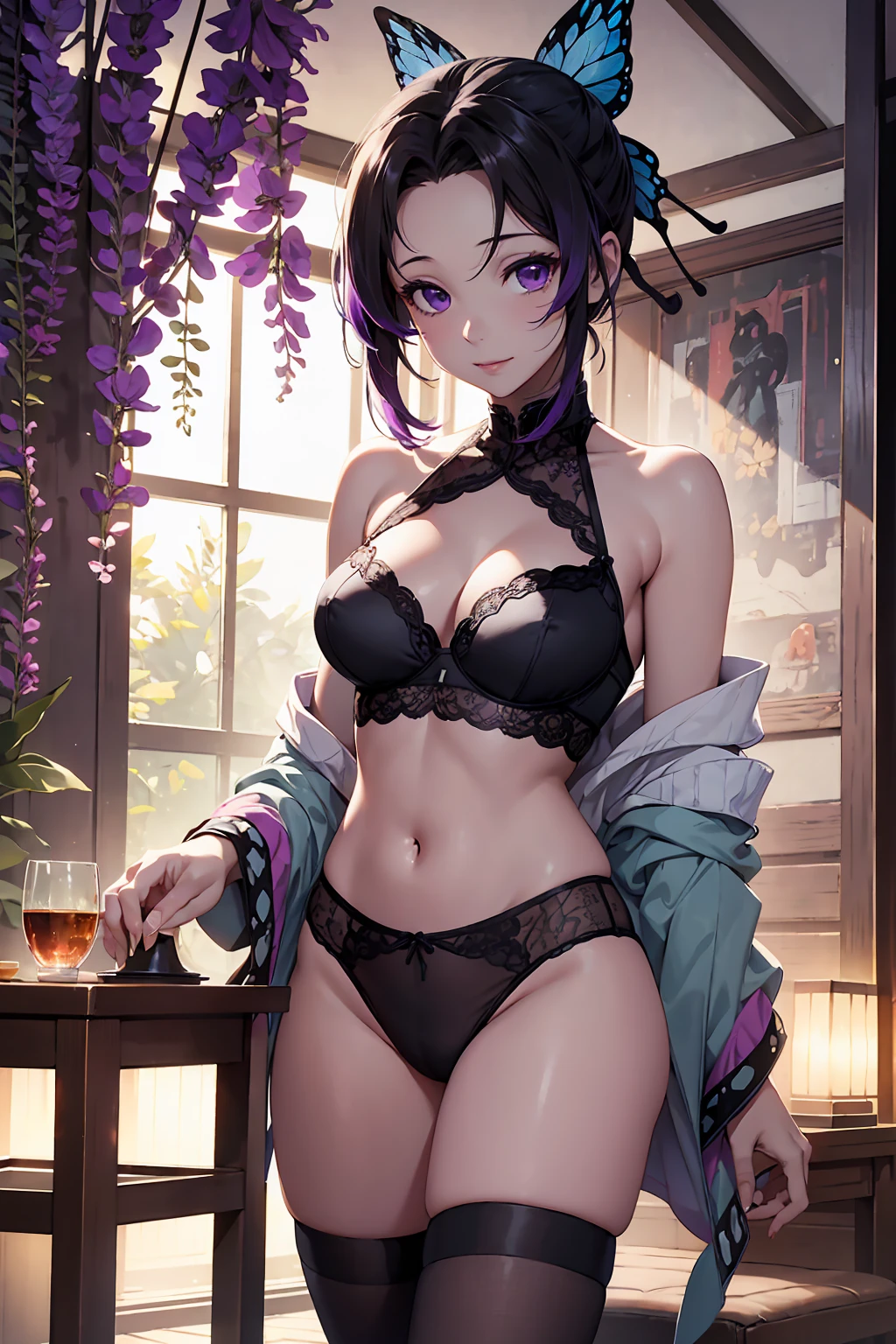 NSFW　(Highest quality:1.5, High resolution, uhd, 4K, Detailed lighting, Shaders),Very fine particles，Section Chief Ren，Colorful Hair，No bangs，Hair Intake，Purple eyes，butterfly，band　Cute black bra　Cute black panties（Tropical Garden：1.2），Purple flowerostly cloudy empty，Light of the sun，Dindal effect，slope_empty，face，beautiful empty，，Seductive posture，（:1.3)，（Chopping:1.3)，（Off-the-shoulder outfit:1.6)