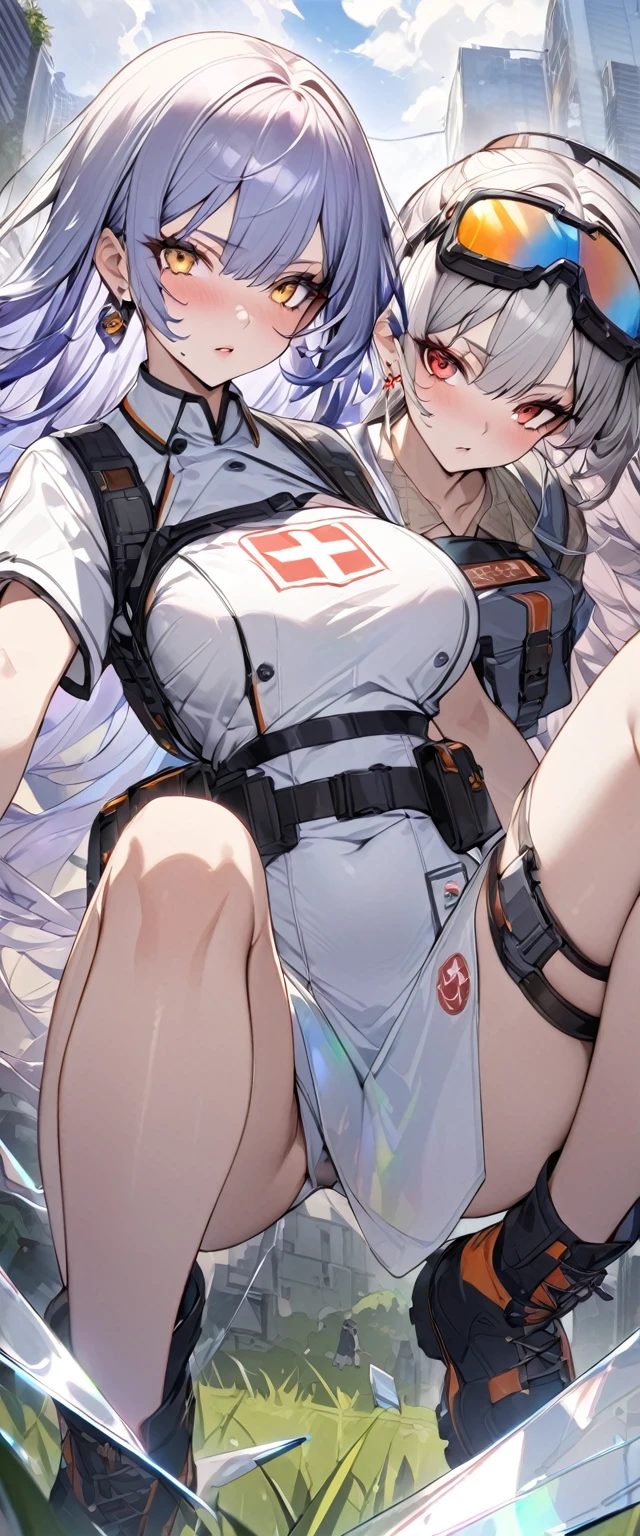 (Perfect Anatomy)、Mastepiece、Ultra High Quality、 8K、masterpiece、Highest quality、Ultra-high resolution、Maximum resolution、Very detailed、Professional Lighting、anime、Adult female、thin、so beautiful、Highly detailed eye、Draw the whole body、2girl, Nurse uniform、Has a submachine gun、Red Eye、Silver Hair、short hair、Earrings、Fingerless gloves、Beautiful Eyes、Gloss Lip、Tactical Boots、Equipped with transparent orange shooting goggles、Equipped with a chest rig、Carry a first aid kit、Health Corps, BREAK, Adult female、thin、so beautiful、China dress、He has a gun、Yellow Eyes、Blue Hair、Long Wavy Hair、Earrings、Fingerless gloves、Tactical Boots、Equipped with transparent orange sunglasses、Equipped with a chest rig、grassland