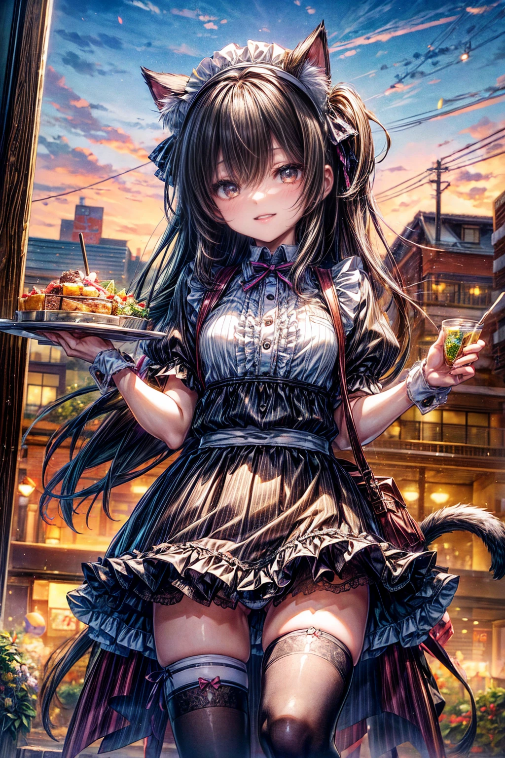 One Girl、(20-year-old woman)、Cat ears headband、Cat tail、Black maid outfit、Holding a tray with two parfaits on it in one hand、With the other hand, lift your skirt to show your underwear、Short skirt、I can see your pants、White knee-high socks、Striped pants、Highest quality、8K、Beautiful Face、Mischievous smile、Wink to the viewer、View Viewer、Bright cafe