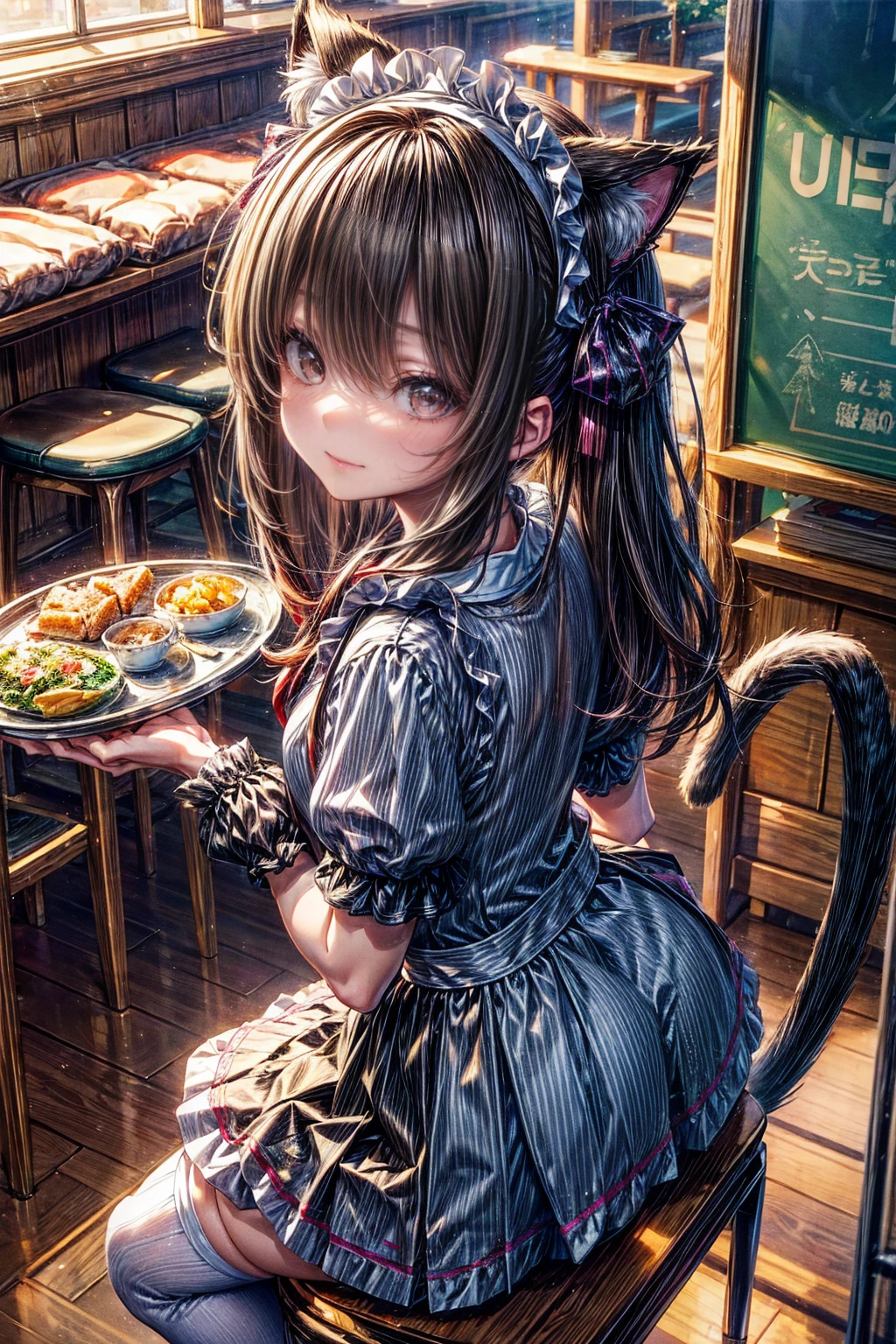 One Girl、(20-year-old woman)、Cat ears headband、Cat tail、Black maid outfit、Holding a tray with two parfaits on it in one hand、With the other hand, lift your skirt to show your underwear、Short skirt、I can see your pants、White knee-high socks、Striped pants、Highest quality、8K、Beautiful Face、Mischievous smile、Wink to the viewer、View Viewer、Bright cafe
