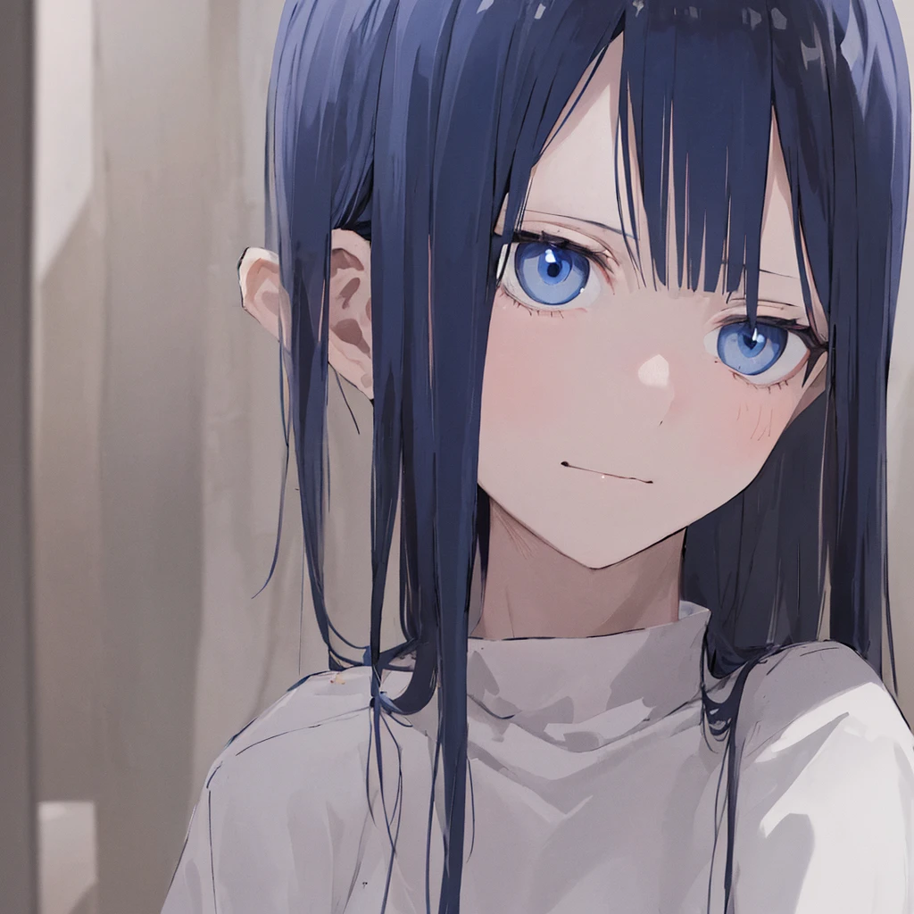 1girl, long straight dark blue eyes hair, pale blue eyes, cynical face, wearing white shirt, just woke up in he middle of the night, sanpaku