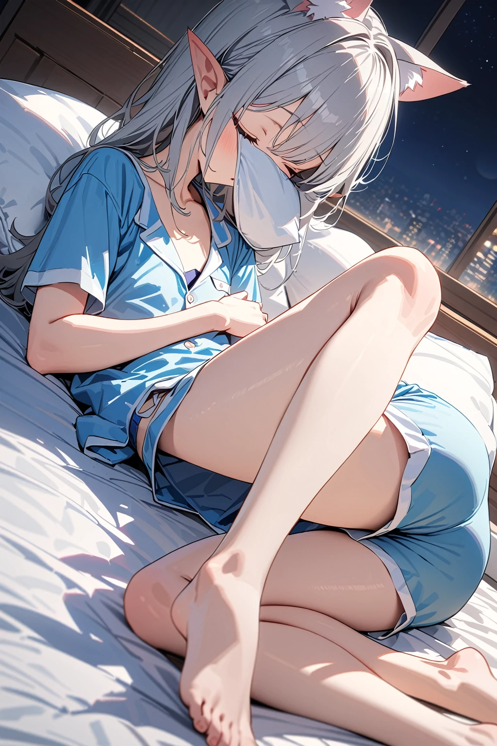 (masterpiece, Highest quality:1.5), (Super detailed, High resolution, 8K, Beautiful details, 超High resolution, Best Anatomy), Gray Hair, Flat Chest, 1 animal ear, barefoot, Bedroom, night, Lying in bed, Sleeping, Close your eyes, Short sleeve and short pants pajamas, Cat girl, Put your head on the pillow, Sleep on your side, blanket, Side angle, (The ears are covered by hair and cannot be seen:1.5)