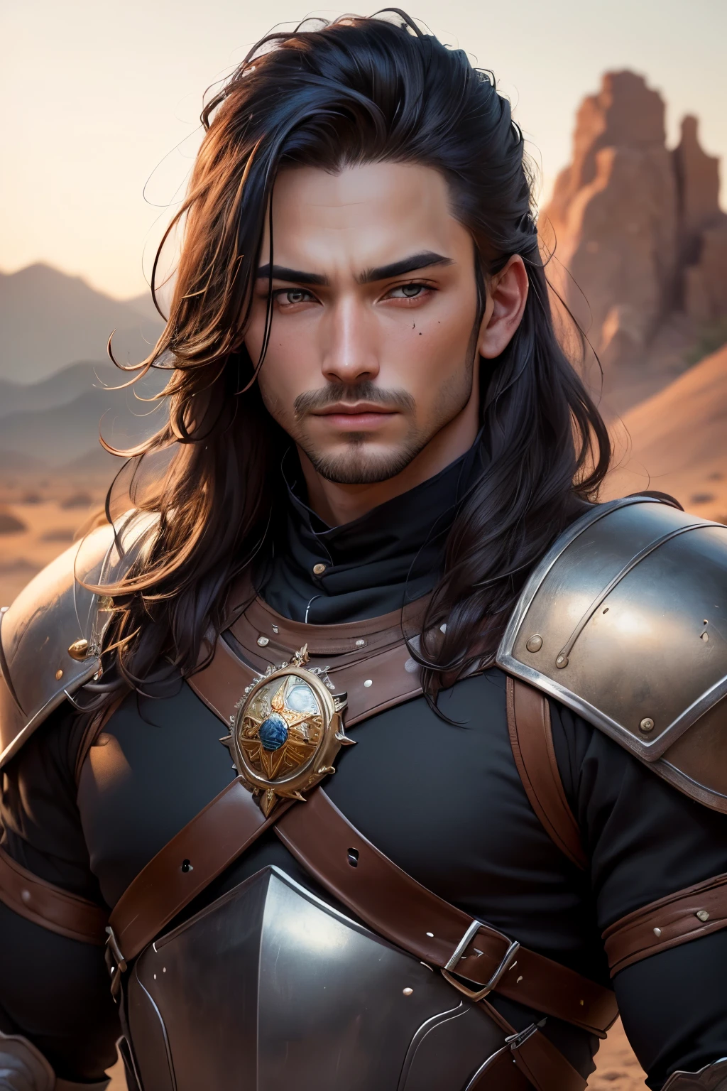 ((best quality)), ((masterpiece)), (detailed), Prize-winning works, with incredible details, maximum textures and details, mantea ,1 An adventurous warrior man in dark black light armor,(30 year old murderer:1.1,detailedeyes, face detailed, whole body:1.1,the background is a desert ),(best qualityer:1.2,ultra detali:1.1,realisitic:1.37),stone medieval ancient city ,eyeshadows,hidden identity,sharp focus,swirly vibrant colors,moonlights), (twilight), (natta), 8K
