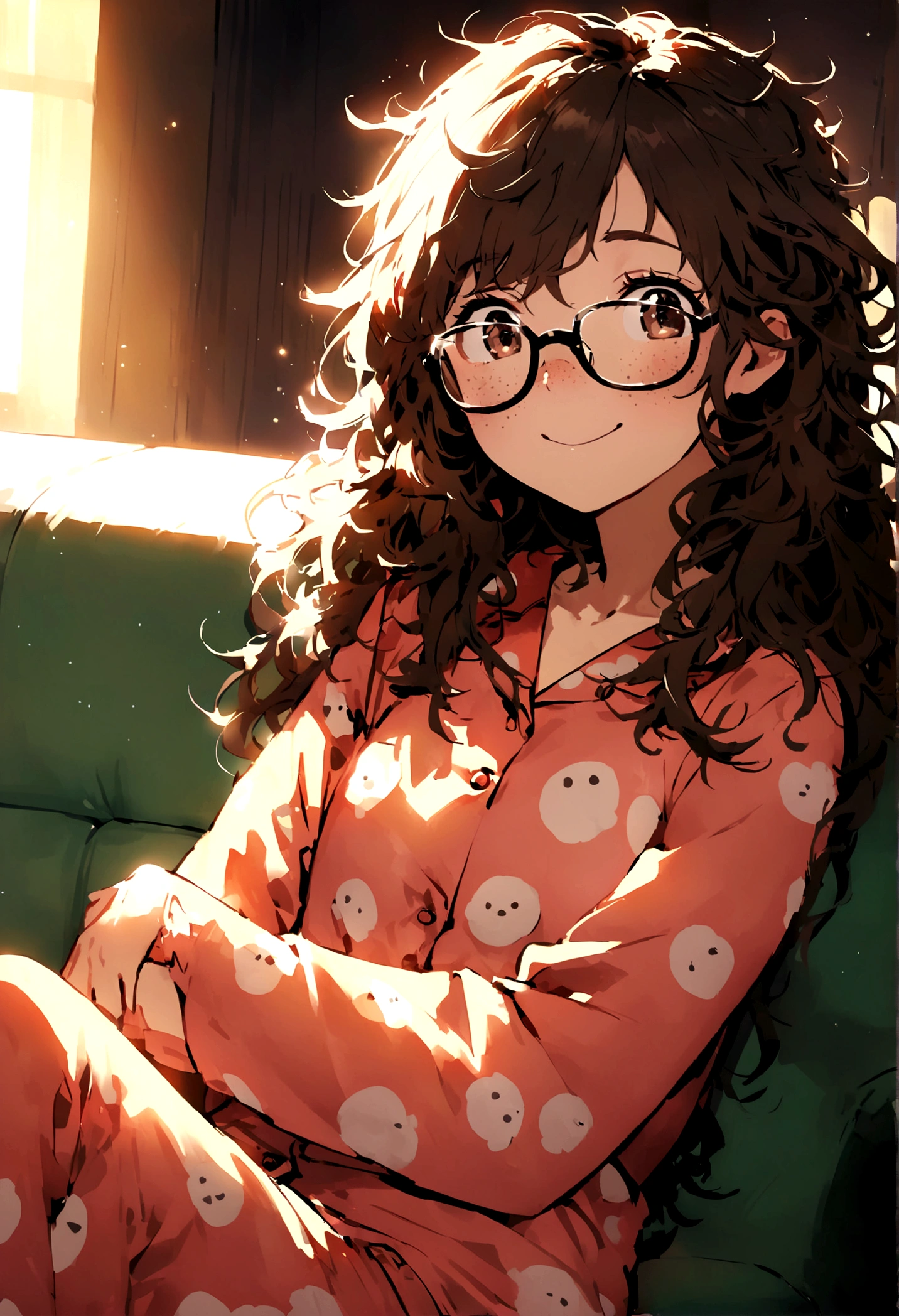 Create a girl with disheveled hair like she just woke up, with freckles on his face, with glasses wearing pajamas, sitting on the couch and looking very messy and happy