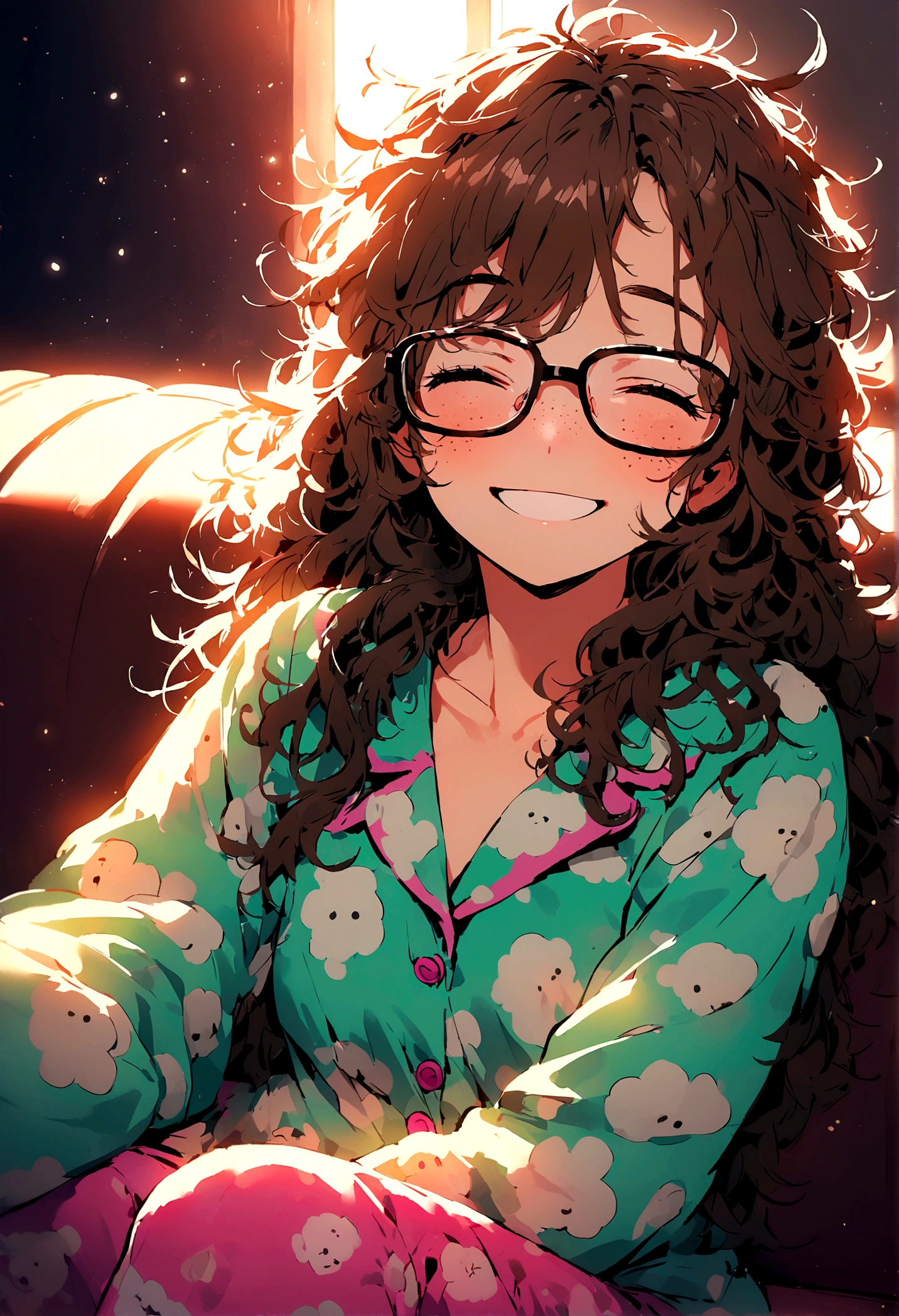 Create a girl with disheveled hair like she just woke up, with freckles on his face, with glasses wearing pajamas, sitting on the couch and looking very messy and happy