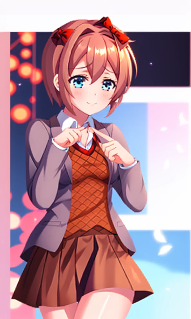 one girl, Sayori, DDLC, school blazer, hair bow, close to girl, light blue eyes, beautiful, index finders together, ashamed, blush, upward glance, dry smile, index finders, shifty eyes, short skirt, girl focus, slender