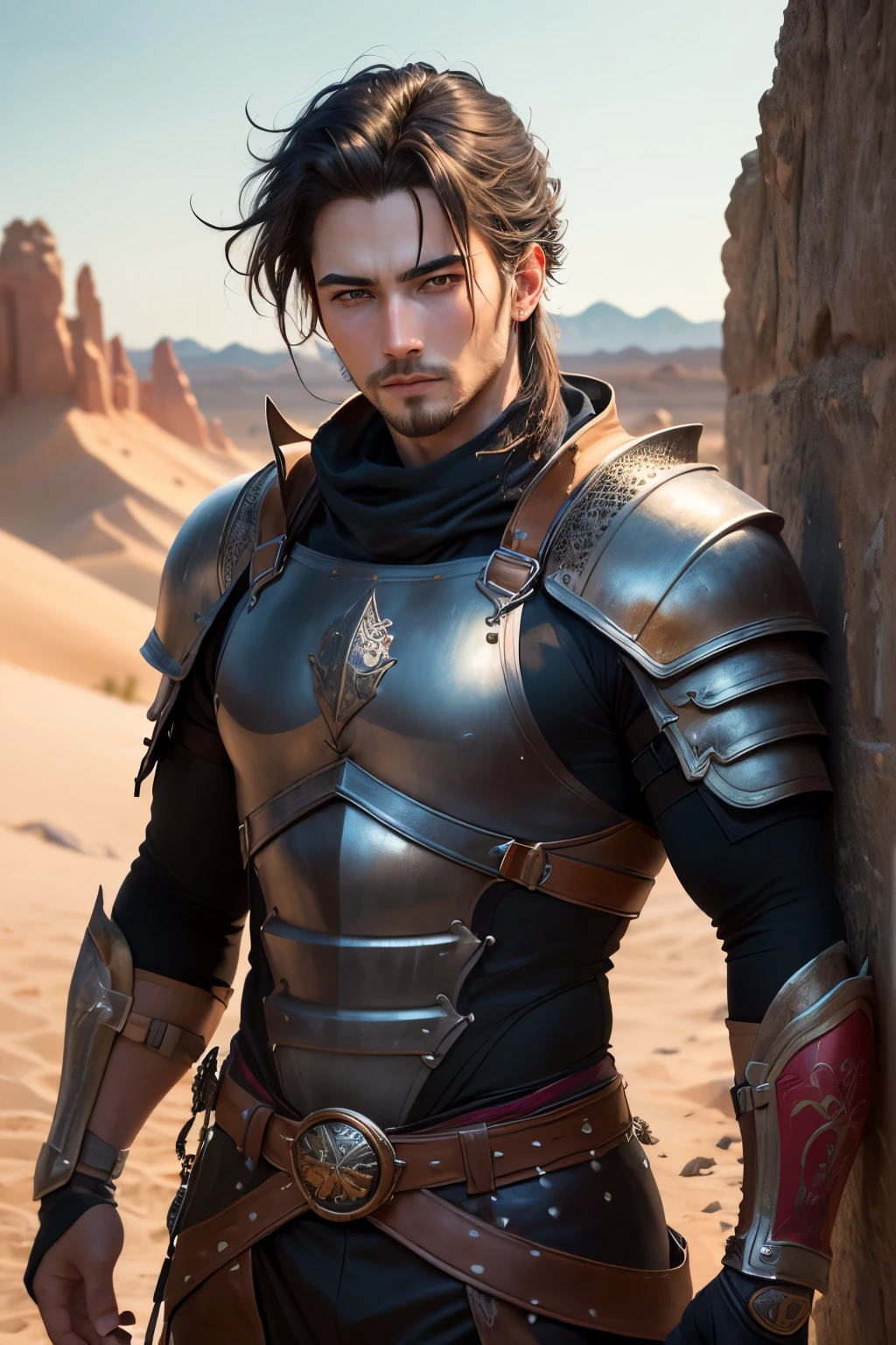 ((best quality)), ((masterpiece)), (detailed), Prize-winning works, with incredible details, maximum textures and details, mantea ,1 An adventurous warrior man in dark black light armor,(30 year old murderer:1.1,detailedeyes, face detailed, whole body:1.1,the background is a desert ),(best qualityer:1.2,ultra detali:1.1,realisitic:1.37),stone medieval ancient city ,eyeshadows,hidden identity,sharp focus,swirly vibrant colors,), (twilight), (natta), 8K
