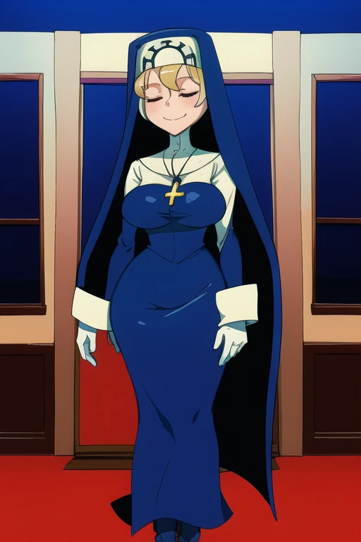 Double, short blonde hair, medium breasts, solo, 1girl, smiling, cowboy shot, closed eyes, 
 blue habit, cross necklace ,white gloves, long sleeves, nun, long skirt, room, bedroom, sexy pose, cape, sexy breast, standing, boots