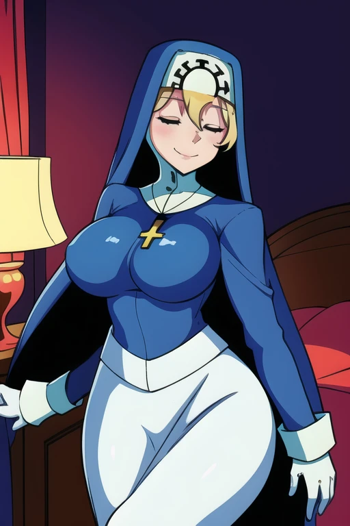 Double, short blonde hair, medium breasts, solo, 1girl, smiling, cowboy shot, closed eyes,
blue habit, cross necklace ,white gloves, long sleeves, nun, long skirt, room, bedroom, sexy pose, cape, sexy breast, standing, boots