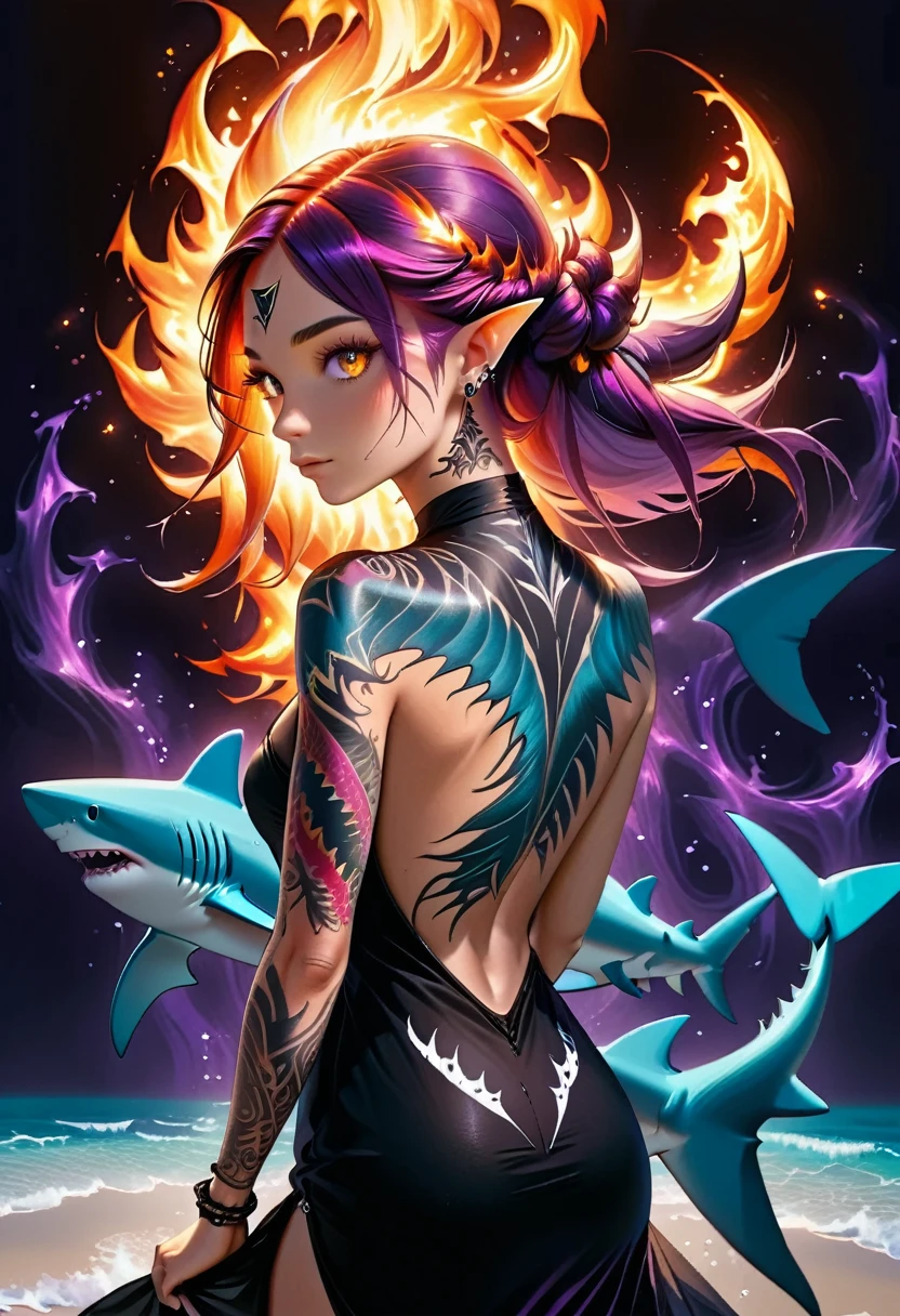 a picture of a an elf with a ((tattoo of a shark: 1.5)) on her back, Dark fantasy art, fantasy art, goth art,, a glowing tattoo of a ((shark: 1.3)) on the back of the elf, the ((shark tattoo)) is vivid, intricate detailed coming to life from the ink to real life, GlowingRunesAI_purple, ((fire surrounds the shark: 1.5)), shoot taken from the back, ((the back is visible: 1.3), she wears a transparent black dress, the dress is elegant, flowing, elven style, that the tattoos glow, dynamic hair color, dynamic hair style, faize,, Digital Painting, Intense gaze