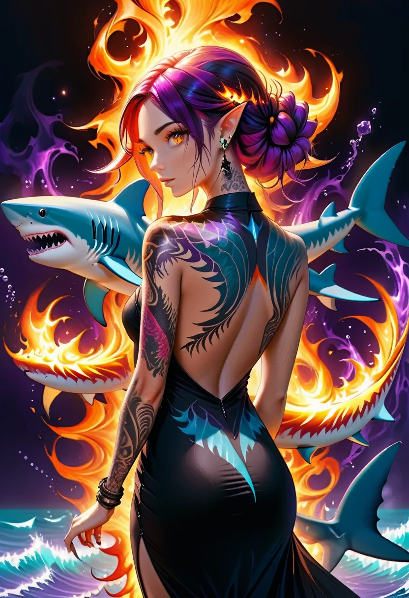  a picture of a an elf with  a ((tattoo of a shark: 1.5)) on her back, Dark fantasy art, fantasy art, goth art,, a glowing tattoo of a ((shark: 1.3)) on the back of the elf, the ((shark tattoo)) is vivid, intricate detailed coming to life from the ink to real life, GlowingRunesAI_purple, ((fire surrounds the shark: 1.5)), shoot taken from the back, ((the back is visible: 1.3), she wears a transparent black dress, the dress is elegant, flowing, elven style, that the tattoos glow, dynamic hair color, dynamic hair style, faize,, Digital Painting, Intense gaze