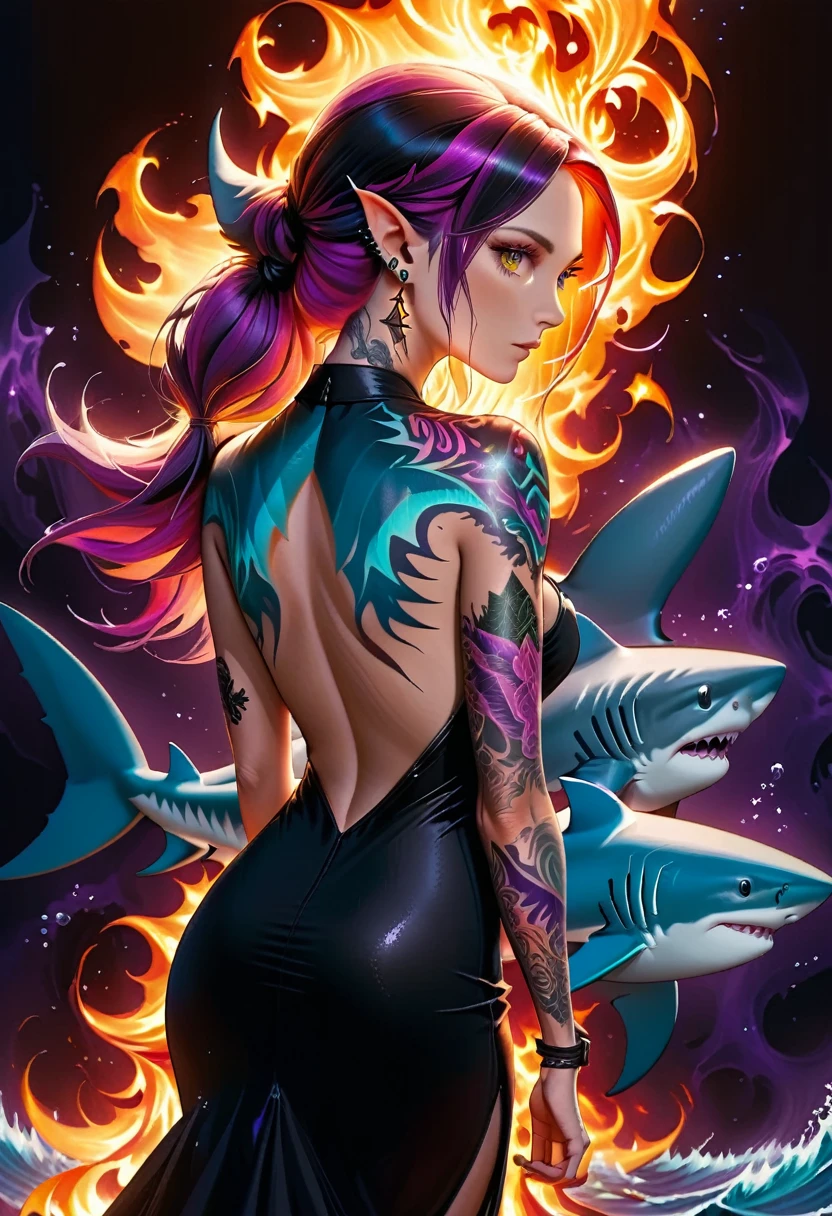  a picture of a an elf with  a ((tattoo of a shark: 1.5)) on her back, Dark fantasy art, fantasy art, goth art,, a glowing tattoo of a ((shark: 1.3)) on the back of the elf, the ((shark tattoo)) is vivid, intricate detailed coming to life from the ink to real life, GlowingRunesAI_purple, ((fire surrounds the shark: 1.5)), shoot taken from the back, ((the back is visible: 1.3), she wears a transparent black dress, the dress is elegant, flowing, elven style, that the tattoos glow, dynamic hair color, dynamic hair style, faize,, Digital Painting, Intense gaze