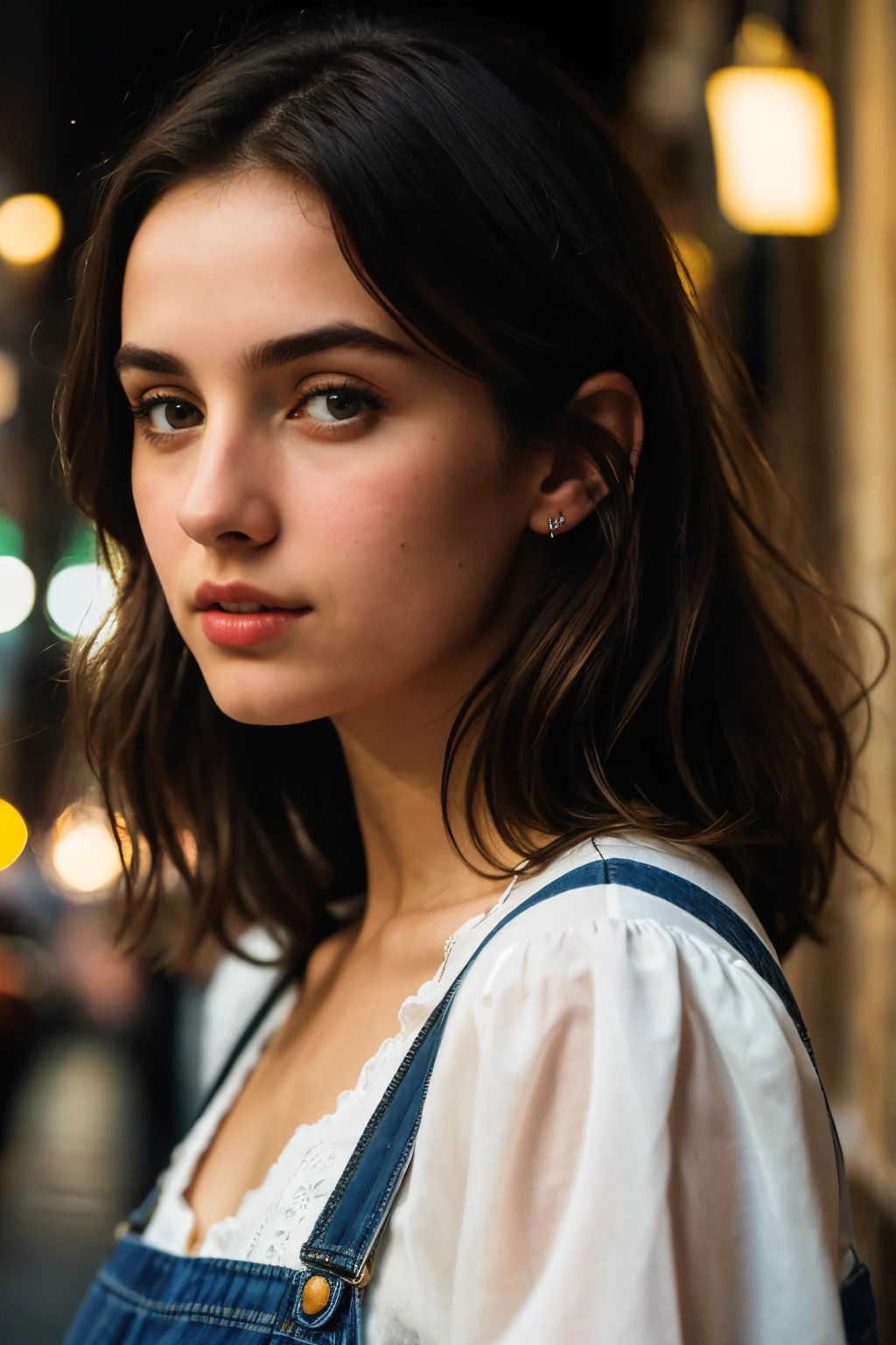 (A close-up of a beautiful 20-year-old adult on a street in Italy in front of a cafe wearing blue jeans and a white sleeved blouse), (Serious:0.5), (Very detailed face:1.4), front point of view, Nikon D850, film stock photography, 4 Kodak Portra 400, f1 camera.6 lenses, saturated colors, Hyper realistic, realistic texture, dramatic lighting at night, Cinestill 800, Current style, evening, vintage lighting, messy dark brown hair, looks like Ana de Armas