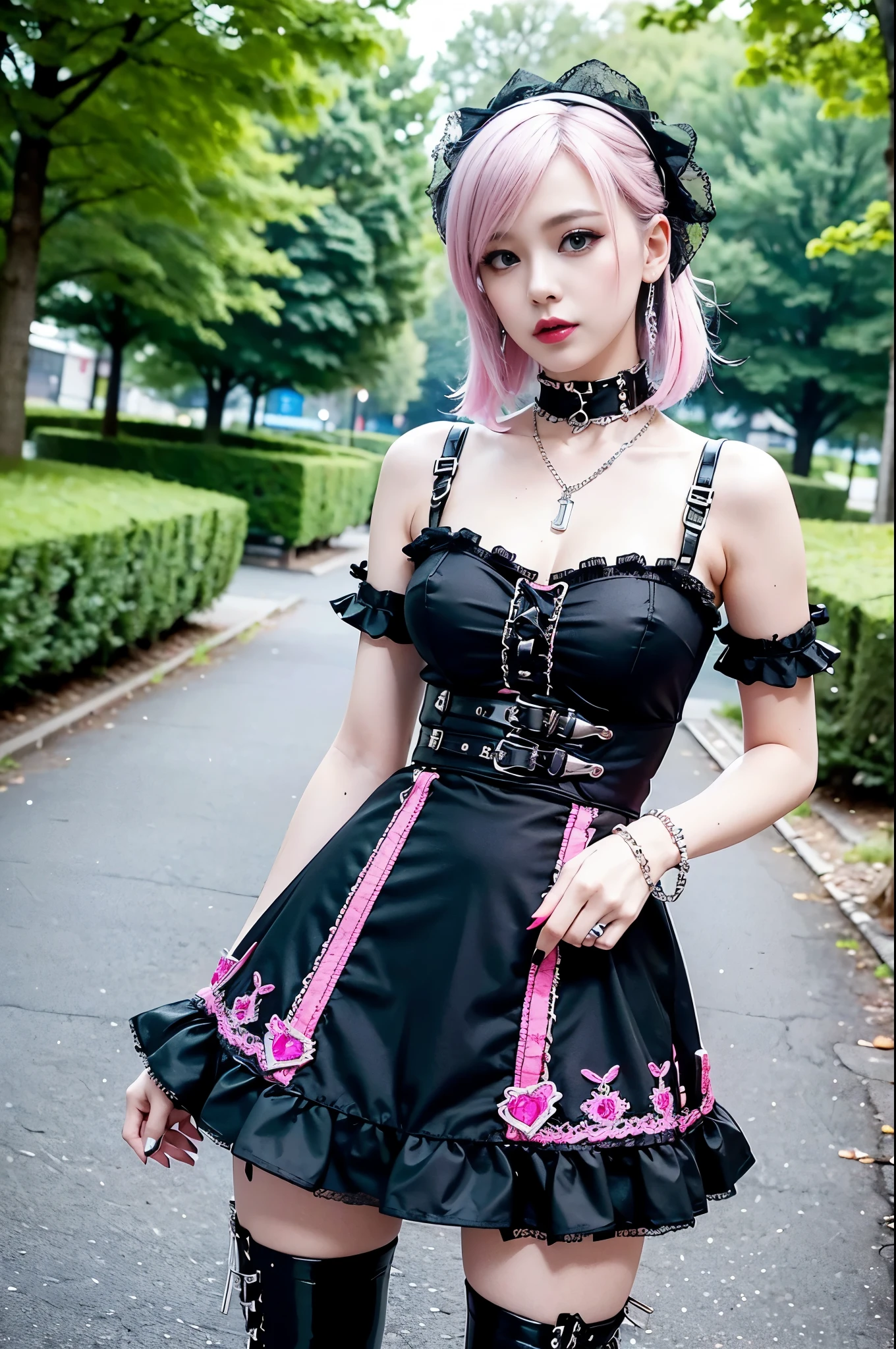 sexy stylish Swedish model, only 1 female, ((doll-like appearance)), short neon pink stylish hair, ((shiny Punk-Style boots)), (beautiful smile), ultra detailed eyes, detailed makeup, lipgloss, ((sexy Punk ta cosplay)), unconventional skirt, petticoats, high neckline, ((ultra detailed lace)), ((ultra detailed embroidery)), intricate details, tartan patterns, (silver chains), (silver spikes), (safety pins), Punk Loliccessoires, Punk Lolita cr, ((large sparkling Punk Lolita jewel, cinematic light, detailed large park background with trees