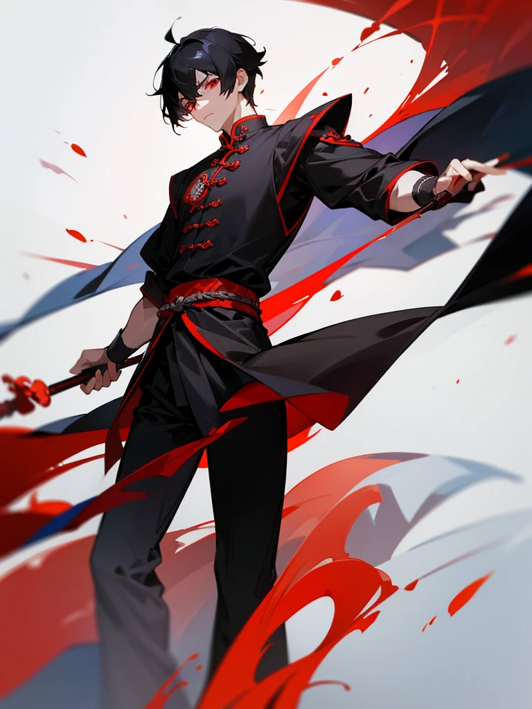 Chinese warrior, red eyes, short black hair, male, black clothes