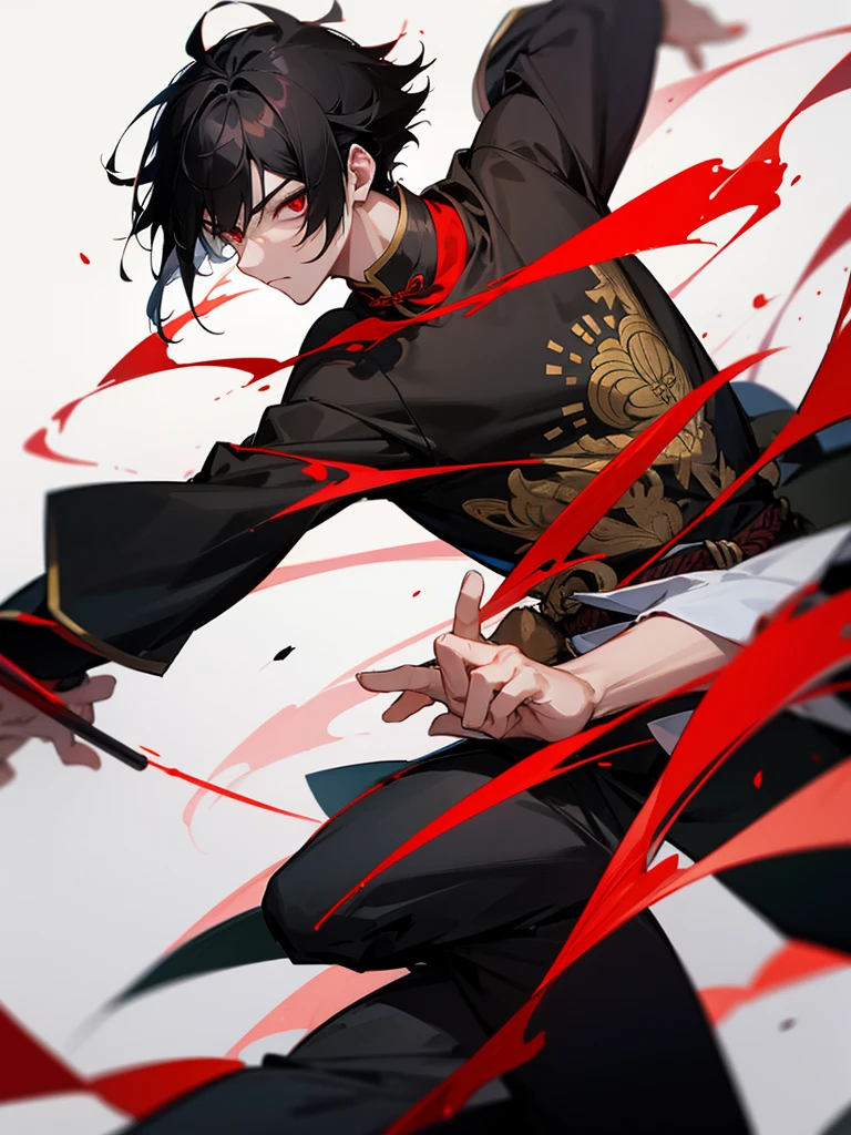 Chinese warrior, red eyes, short black hair, male, black clothes