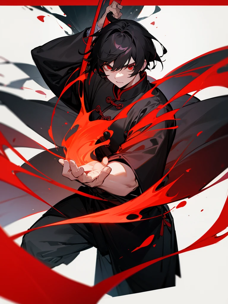 Chinese warrior, red eyes, short black hair, male, black clothes