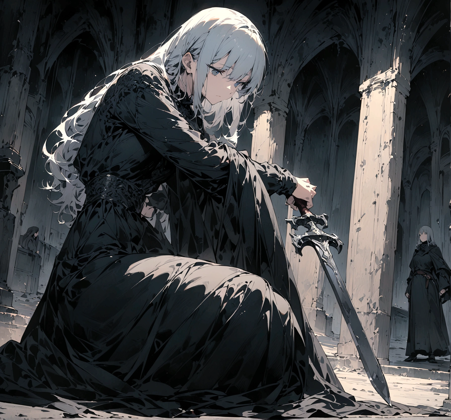 （HD), (masterpiece), (best quality), (Super detailed), (Best illustration), woman, whole body, middle Ages, Alone，He was holding a notched sword propped up on the ground。