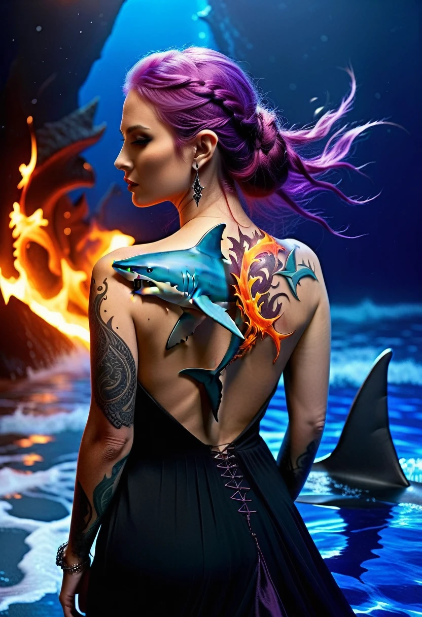 Arafed, a picture of a ((shark tattoo: 1.5)) on the back of a female elf, of glowing tattoo of a ((blue shark: 1.3)) the shark tattoo is vivid, intricate detailed coming to life rising from the ink to real life, , AlchemyPunkAI, shoot taken from the back, ((the back is visible: 1.3), she wears a transparent dress that the tattoos glow, princess dress