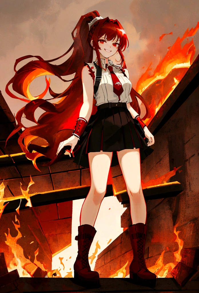 20 years old, long red hair, wears a ponytail, red eyes, always smiling. She dresses in an antique style, wearing a short brown skirt with black shorts underneath, ending above the knees. She wears knee-high brown boots. Her white blouse is sleeveless and features red details. She possesses fire powers and has a fire-themed background."