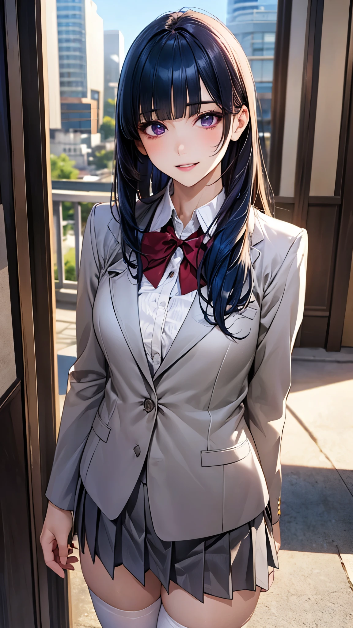 (masterpiece:1.2, top-quality), (realistic, photorealistic:1.4), beautiful illustration, (natural side lighting, movie lighting), nsfw, 
looking at viewer, 1 girl, japanese, high school girl, perfect face, cute and symmetrical face, shiny skin, 
(long hair:1.4, hime style, hime cut, navy blue hair), blunt bangs, purple eyes, big eyes, long eye lasher, (medium breasts, seductive thighs), slender, 
beautiful detailed hair, beautiful detailed face, beautiful detailed eyes, beautiful clavicle, beautiful body, beautiful chest, beautiful thigh, beautiful legs, beautiful fingers, 
(white collared shirt, white thigh-highs, gray blazer, light gray pleated miniskirt, dark red bow tie), 
(beautiful scenery), evening, (cityscape:1.2), standing, (lovely smile, upper eyes, parted lips),