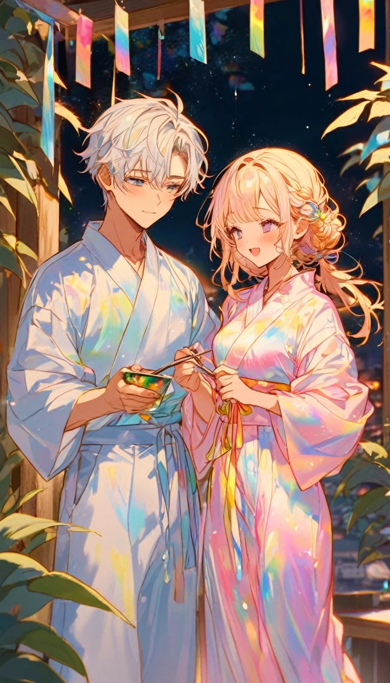 涙を流すTwo people、Sad expression、Caving、大きな花を見つめ合うTwo people、Two people、Tanabata、Strip、Bamboo leaf、Stripに願いをこめて、Grilling in a yukata,fluid,Particles of light, dream-like,Sparkling,dream-like glow,Paint drips,oil,strong stroke,Paint drips,Splash Paint Drop, oil,(Abstract:1.2)A girl and a boy made up of(Tanabataライトトレース:1.25),Change to (Radioluminescence light tracking) スタイルTanabataのSummer festival,Two peopleは織姫と彦星(Cowboy Shot),Temple Fair,Summer festival,Shining in rainbow colors、16K, Ultra-high resolution, to be born,wonderful ,future、Iridescent、The world 30 years from now。