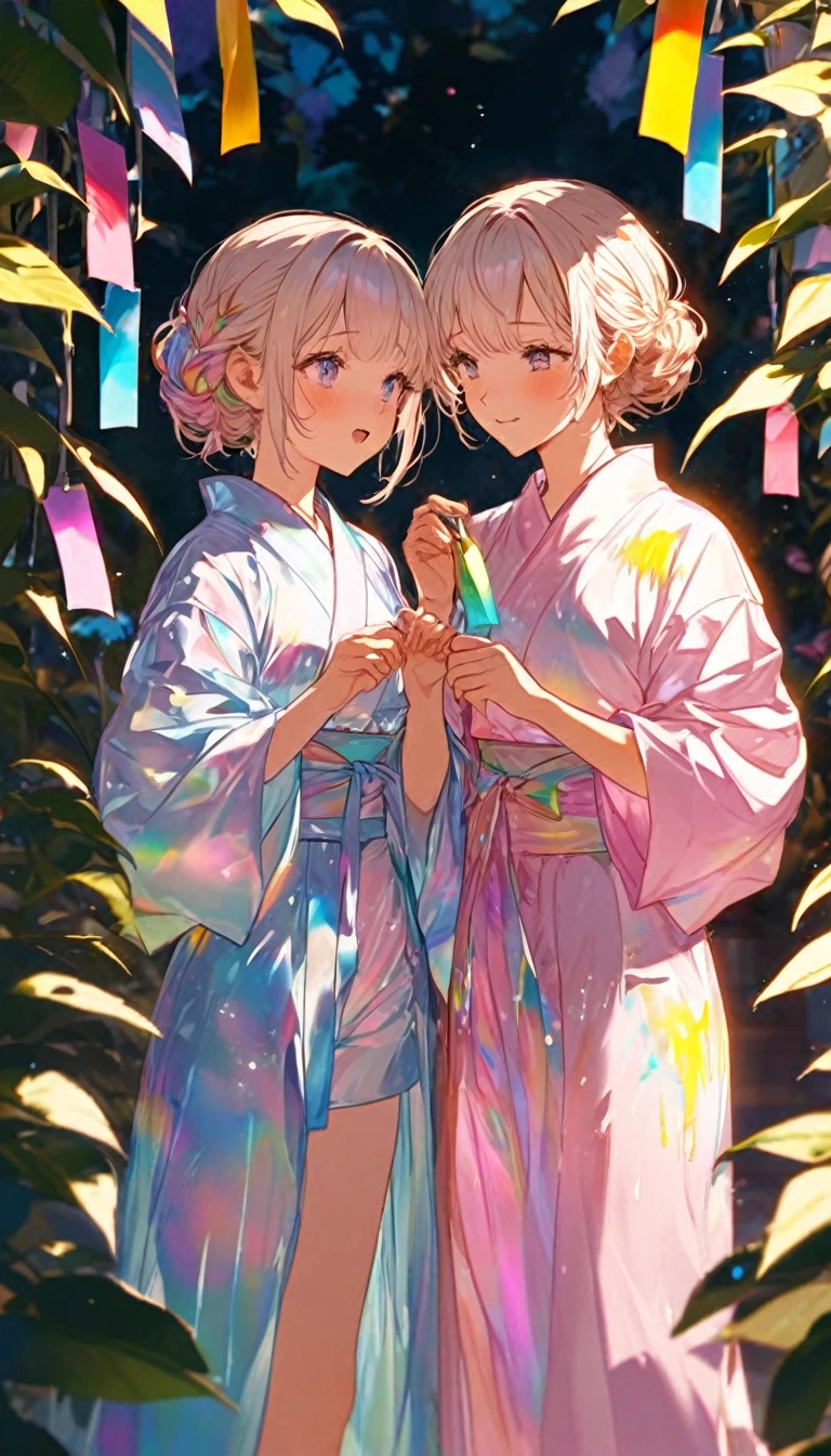 涙を流すTwo people、Sad expression、Caving、大きな花を見つめ合うTwo people、Two people、Tanabata、Strip、Bamboo leaf、Stripに願いをこめて、Grilling in a yukata,fluid,Particles of light, dream-like,Sparkling,dream-like glow,Paint drips,oil,strong stroke,Paint drips,Splash Paint Drop, oil,(Abstract:1.2)A girl and a boy made up of(Tanabataライトトレース:1.25),Change to (Radioluminescence light tracking) スタイルTanabataのSummer festival,Two peopleは織姫と彦星(Cowboy Shot),Temple Fair,Summer festival,Shining in rainbow colors、16K, Ultra-high resolution, to be born,wonderful ,future、Iridescent、The world 30 years from now。