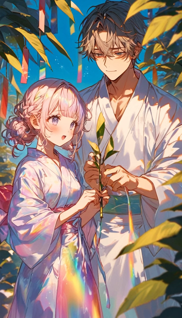涙を流すTwo people、Sad expression、Caving、大きな花を見つめ合うTwo people、Two people、Tanabata、Strip、Bamboo leaf、Stripに願いをこめて、Grilling in a yukata,fluid,Particles of light, dream-like,Sparkling,dream-like glow,Paint drips,oil,strong stroke,Paint drips,Splash Paint Drop, oil,(Abstract:1.2)A girl and a boy made up of(Tanabataライトトレース:1.25),Change to (Radioluminescence light tracking) スタイルTanabataのSummer festival,Two peopleは織姫と彦星(Cowboy Shot),Temple Fair,Summer festival,Shining in rainbow colors、16K, Ultra-high resolution, to be born,wonderful ,future、Iridescent、The world 30 years from now。