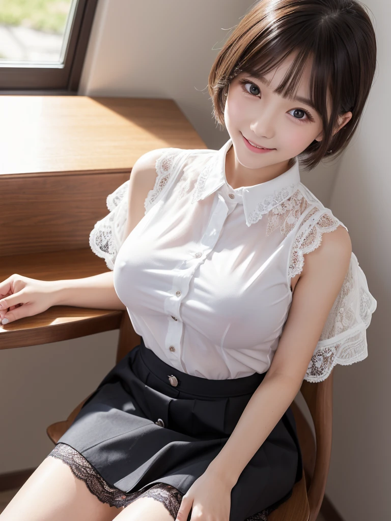 Highest quality、masterpiece、8K、Very detailed、Realistic、(Young face:1.2)、(Looks like an elementary school kid:1.2)、1 person、Looking at me with a smile、whole body、(Big Breasts)、Thin and beautiful legs、Tight and slim waist、Lace, see-through, tight sleeveless button-up and collared shirt、(See-through lace micro skirt)、Short Hair、(Erect nipples)、(She sits on a chair, spreads her legs, and lifts her skirt to show off her panties.:1.2)