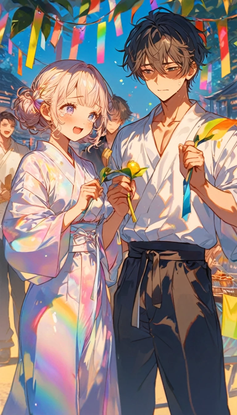 tears、tearsを流すTwo people、Sad expression、Caving、大きな花を見つめ合うTwo people、Two people、Tanabata、Strip、Bamboo leaf、Stripに願いをこめて、Grilling in a yukata,fluid,Particles of light, dream-like,Sparkling,dream-like glow,Paint drips,oil,strong stroke,Paint drips,Splash Paint Drop, oil,(Abstract:1.2)A girl and a boy made up of(Tanabataライトトレース:1.25),Change to (Radioluminescence light tracking) スタイルTanabataのSummer festival,Two peopleは織姫と彦星(Cowboy Shot),Temple Fair,Summer festival,Shining in rainbow colors、16K, Ultra-high resolution, to be born,wonderful ,future、Iridescent、The world 30 years from now。