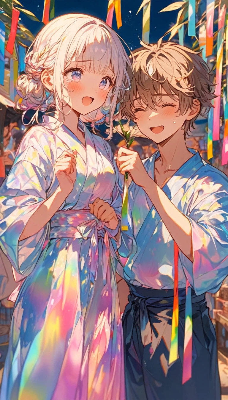 tears、tearsを流すTwo people、Sad expression、Caving、大きな花を見つめ合うTwo people、Two people、Tanabata、Strip、Bamboo leaf、Stripに願いをこめて、Grilling in a yukata,fluid,Particles of light, dream-like,Sparkling,dream-like glow,Paint drips,oil,strong stroke,Paint drips,Splash Paint Drop, oil,(Abstract:1.2)A girl and a boy made up of(Tanabataライトトレース:1.25),Change to (Radioluminescence light tracking) スタイルTanabataのSummer festival,Two peopleは織姫と彦星(Cowboy Shot),Temple Fair,Summer festival,Shining in rainbow colors、16K, Ultra-high resolution, to be born,wonderful ,future、Iridescent、The world 30 years from now。
