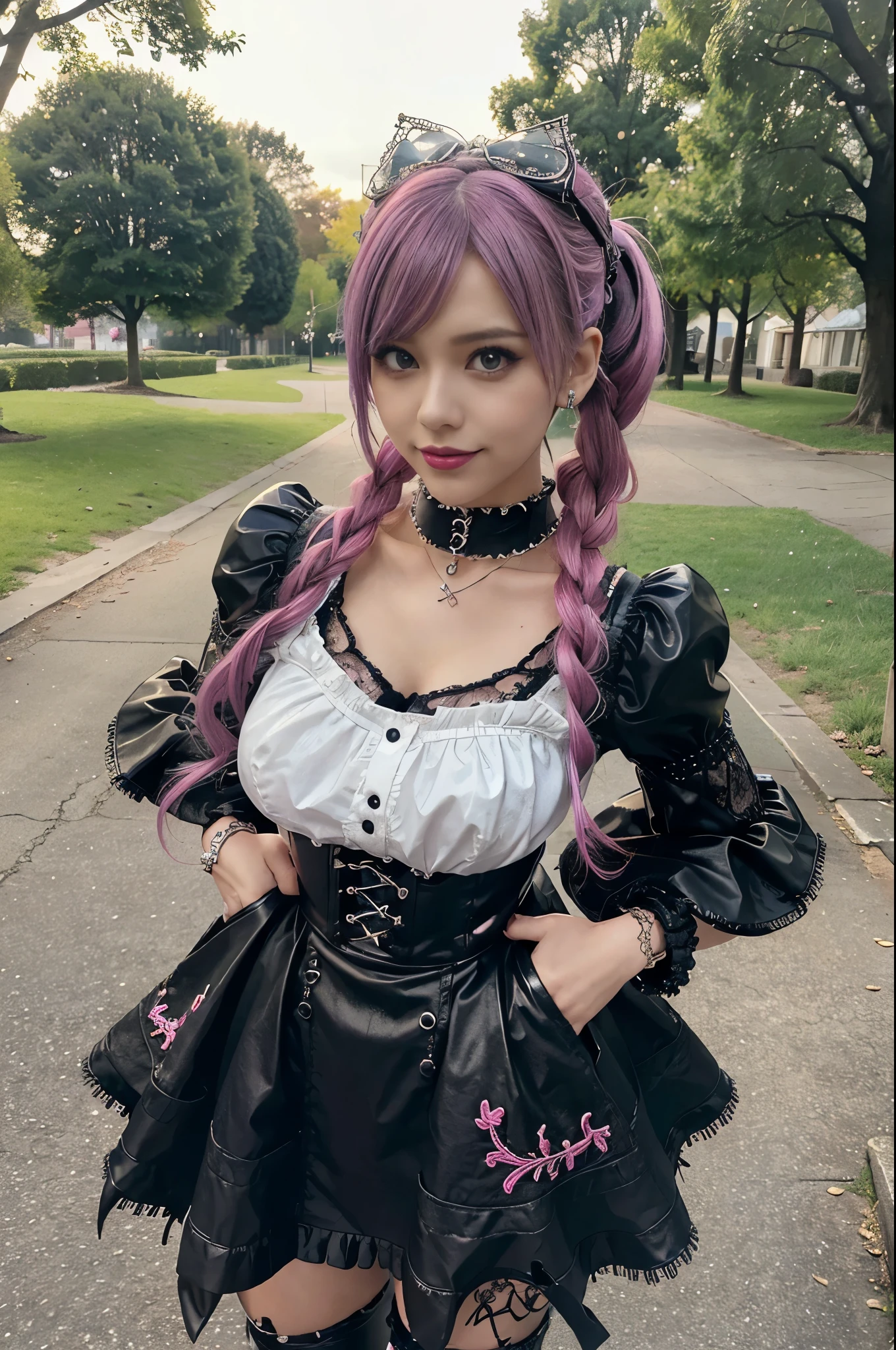 sexy stylish female model, only 1 female, ((doll-like appearance)), long dramatic stylish hair, ((shiny Punk-Style boots)), (big smile), ultra detailed eyes, Punk makeup, lip-gloss, ((sexy Punk ta cosplay)), unconventional skirt, petticoats, high neckline, ((ultra detailed lace)), ((ultra detailed embroidery)), intricate details, tartan patterns, safety pins, Punk Loliccessoires, Punk Lolita cr, ((large sparkling Punk Lolita jewel, cinematic light, detailed large park background with trees