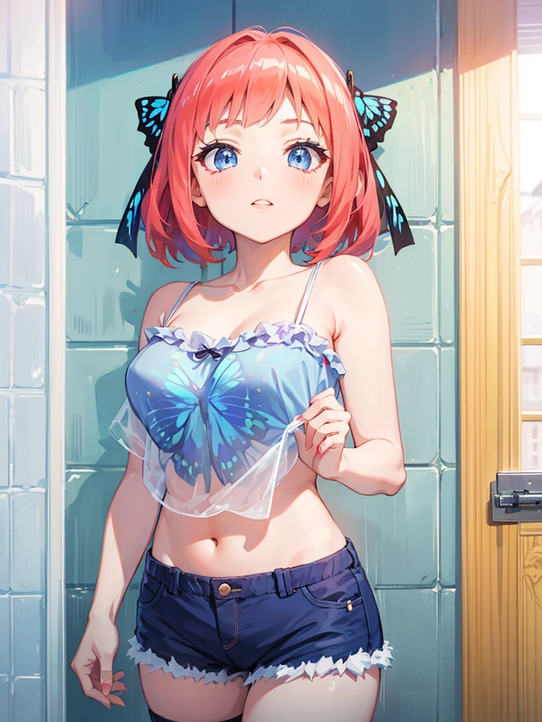 Girl with short scarlet hair, blue eyes, butterfly decoration in hair, using a dark energy katana