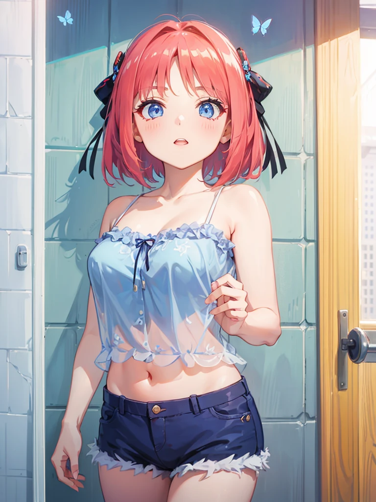 Girl with short scarlet hair, blue eyes, butterfly decoration in hair, using a dark energy katana