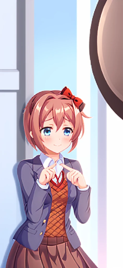 one girl, Sayori, DDLC, school blazer, hair bow, close to girl, light blue eyes, beautiful, index finders together, ashamed, blush, upward glance, dry smile, index finders, shifty eyes, short skirt, girl focus, slender