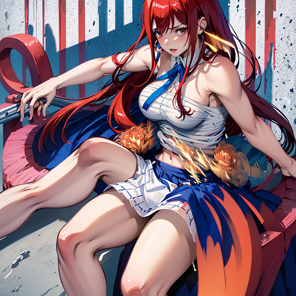 masterpiece, best quality, highres, fairy tail, 1girl, long hair, red hair, brown eyes, neck ribbon, bare shoulders, white shirt, sleeveless, center frills, blue skirt, hair over one eye,nsfw,(skirt lift:1.3),(white pantie:1.1), showing off panties,