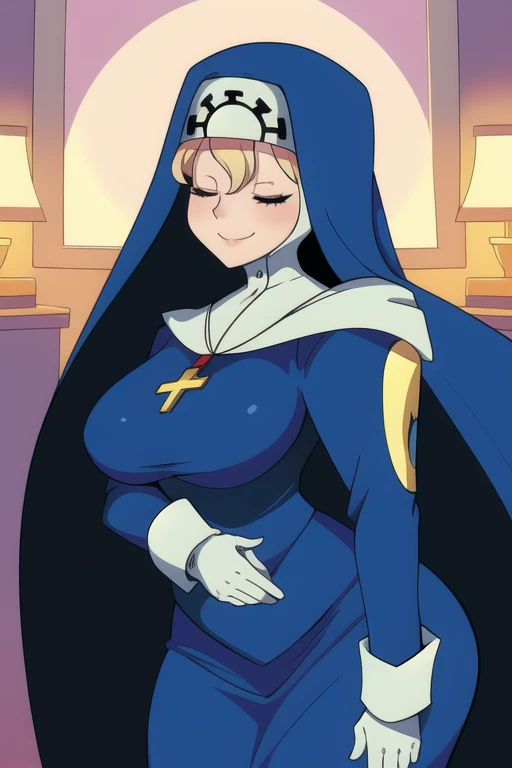 Double, short blonde hair, medium breasts, solo, 1girl, smiling, cowboy shot, closed eyes, 
 blue habit, cross necklace ,white gloves, long sleeves, nun, long skirt, room, bedroom, standing, sexy pose, cape, cloak, sexy butt 