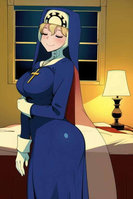 Double, short blonde hair, medium breasts, solo, 1girl, smiling, cowboy shot, closed eyes,
blue habit, cross necklace ,white gloves, long sleeves, nun, long skirt, room, bedroom, standing, sexy pose, cape, cloak, sexy butt